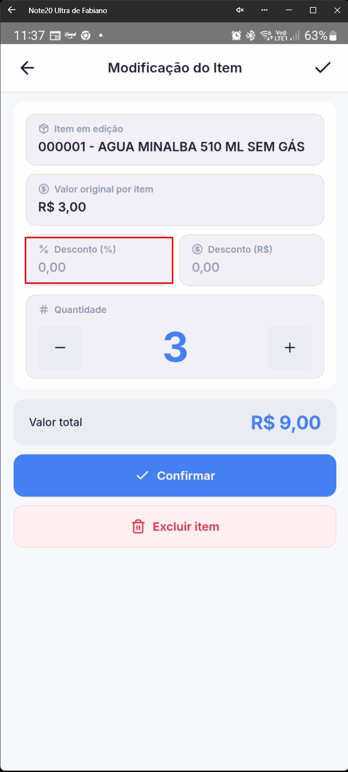 Tela destacando campo de desconto percentual para item