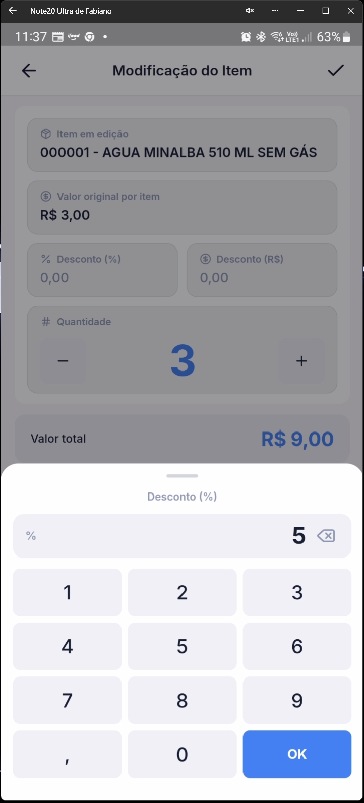 Diálogo para entrada de percentual de desconto para item