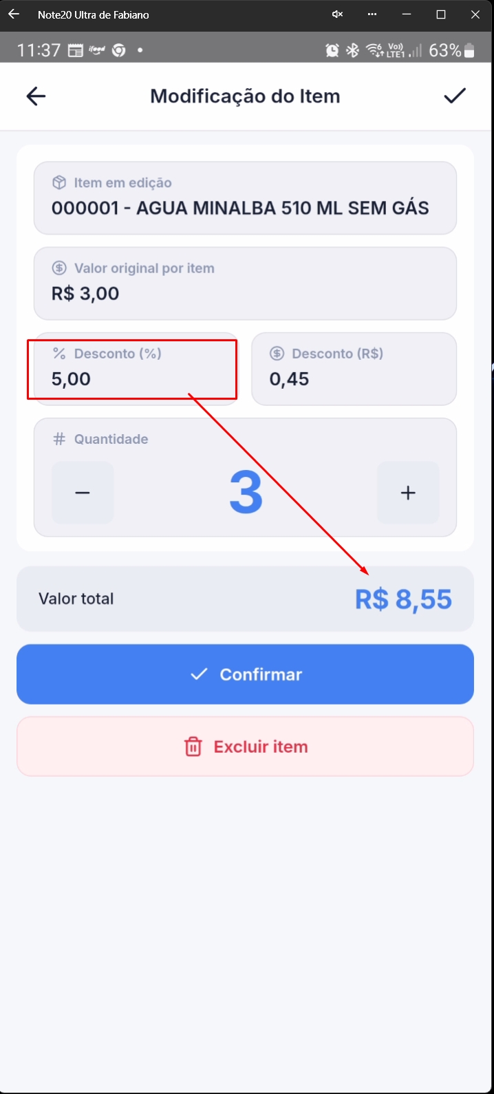 Tela mostrando item com desconto percentual aplicado