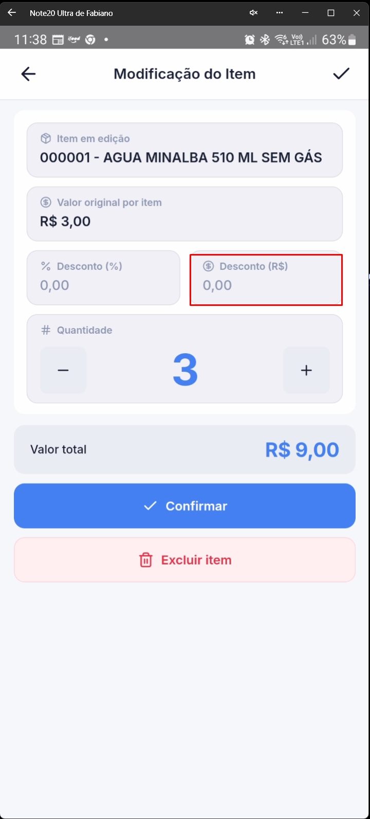 Tela destacando campo de desconto em reais para item