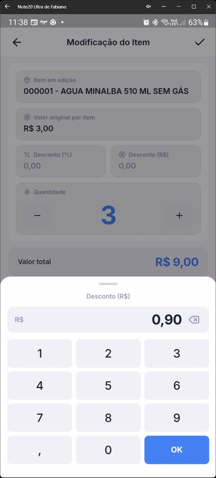 Diálogo para entrada de valor de desconto em reais para item