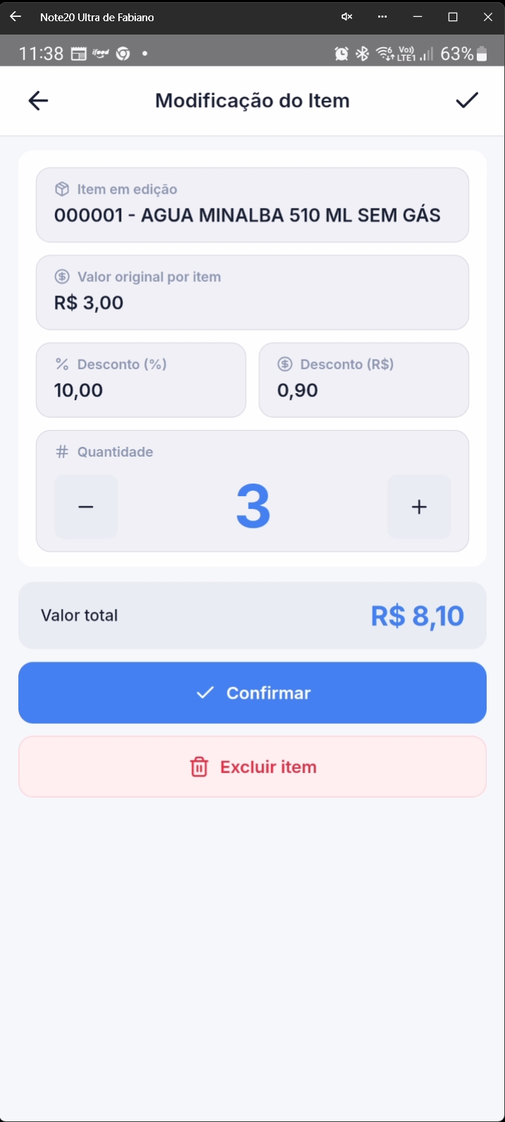Tela mostrando item com desconto em reais aplicado