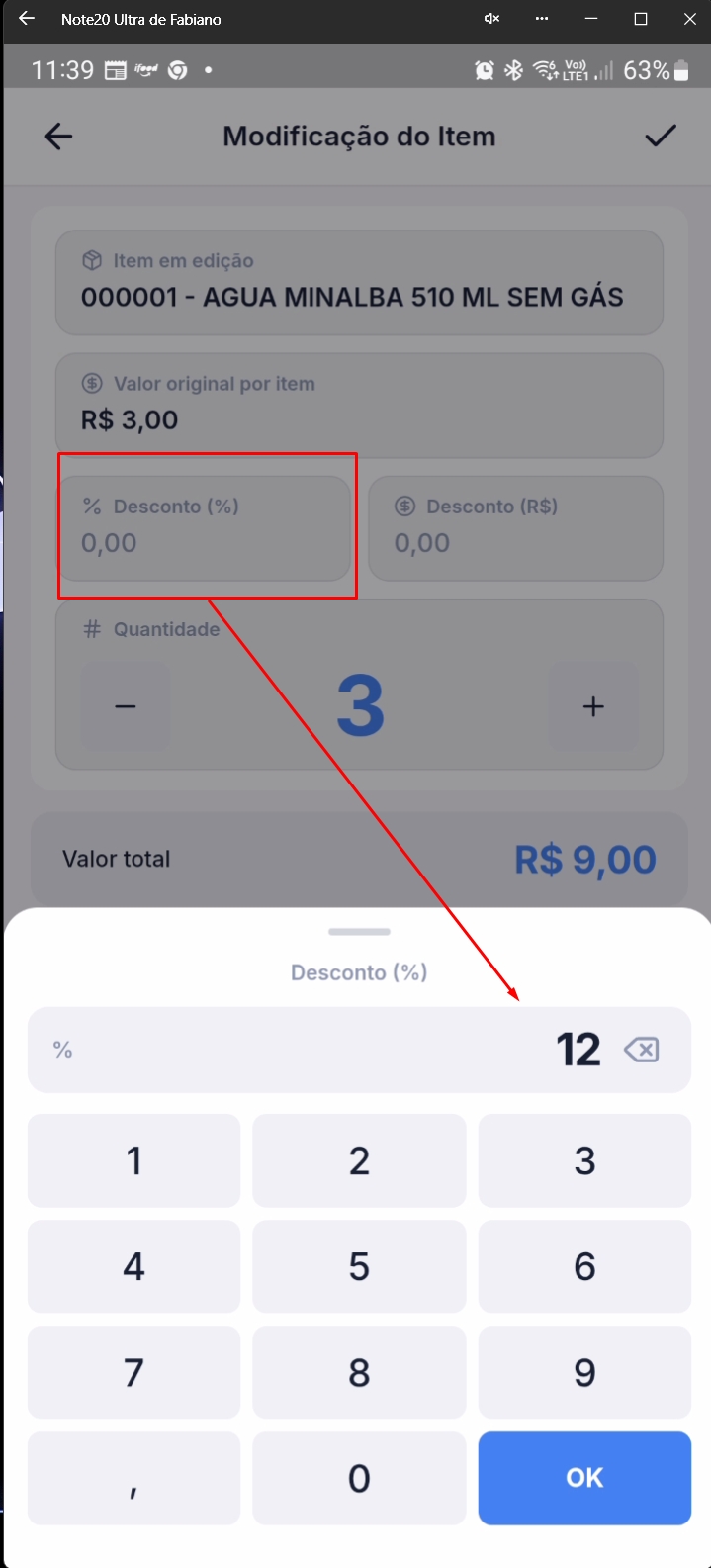 Tela mostrando campo de desconto acima do limite para item