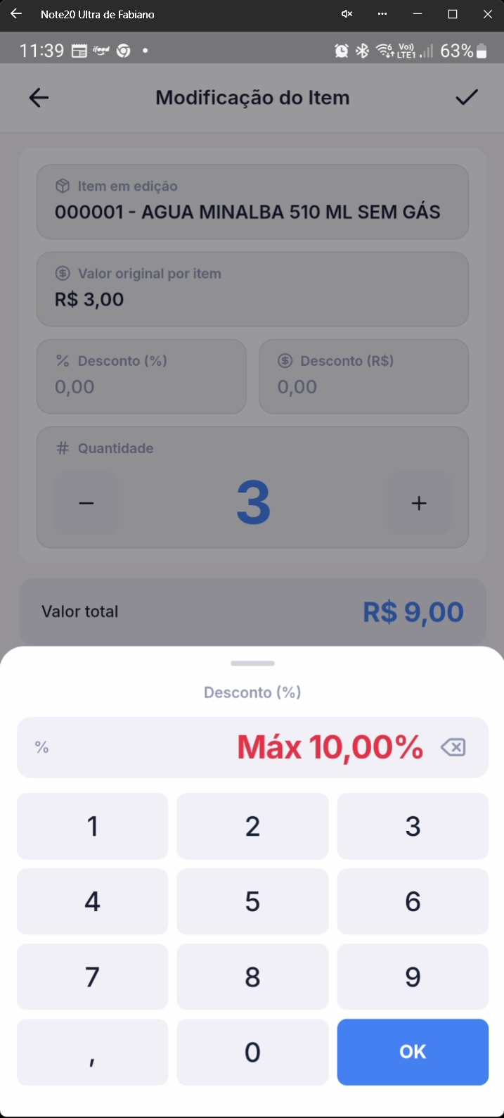 Tela indicando limite máximo de desconto excedido para item