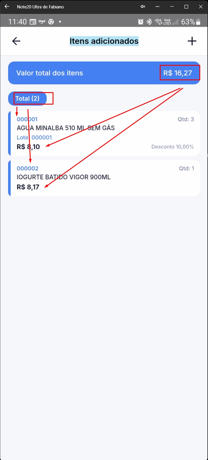 Tela listando itens adicionados e valor total consolidado
