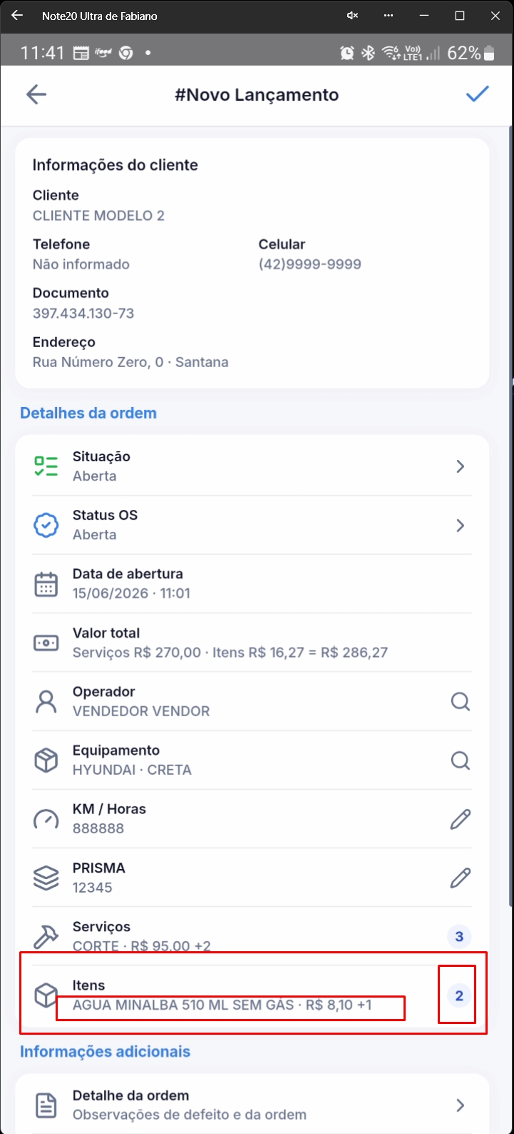 Formulário principal mostrando resumo de itens