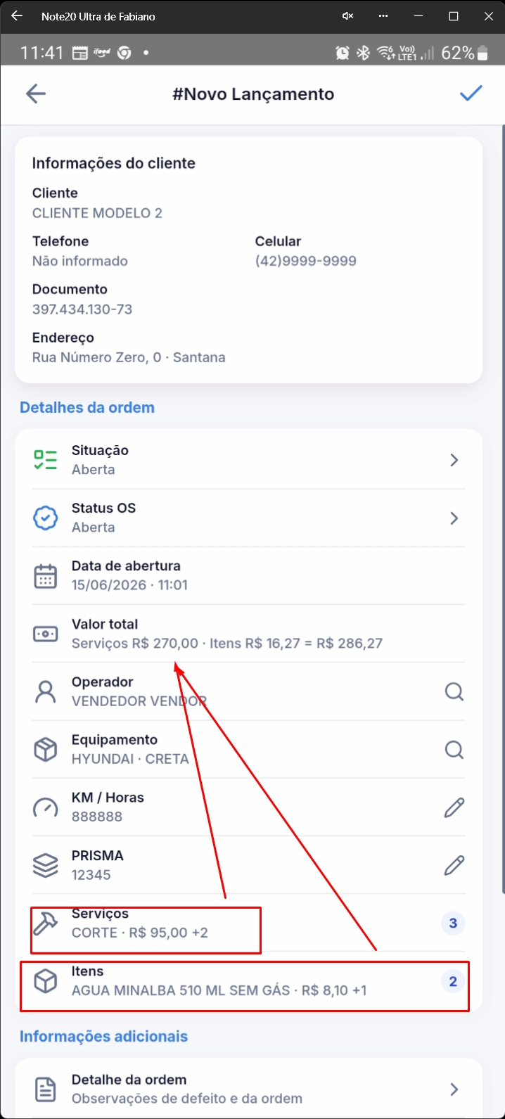 Formulário mostrando breakdown de valores entre itens e serviços