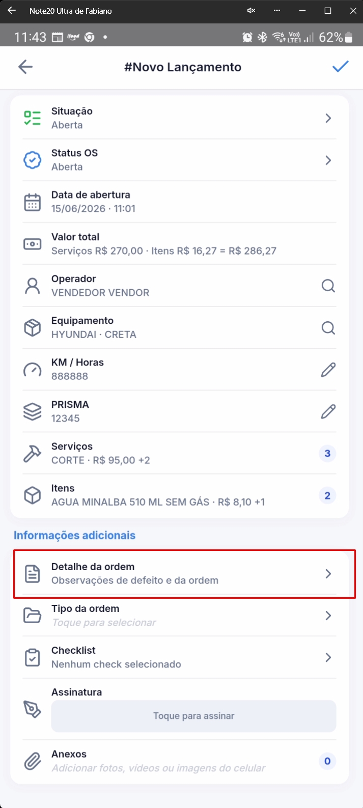 Formulário destacando campo de detalhe da ordem