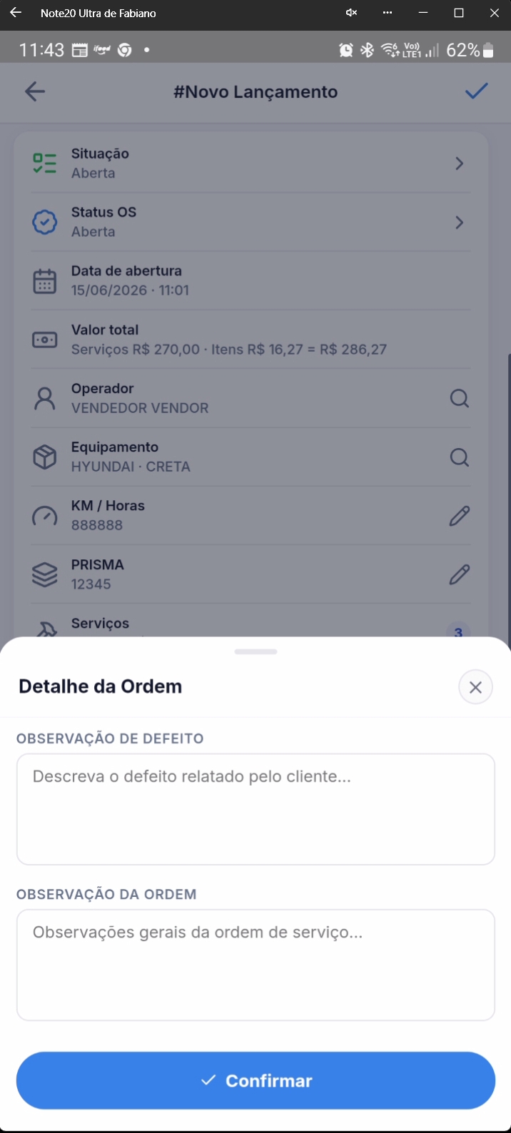 Tela de edição expandida do campo detalhe da ordem