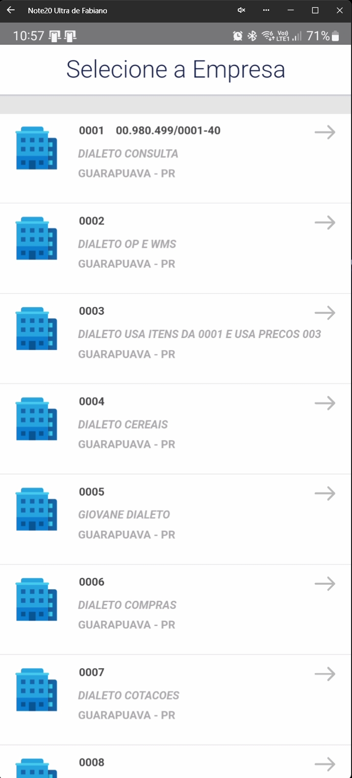 Tela de seleção de empresa