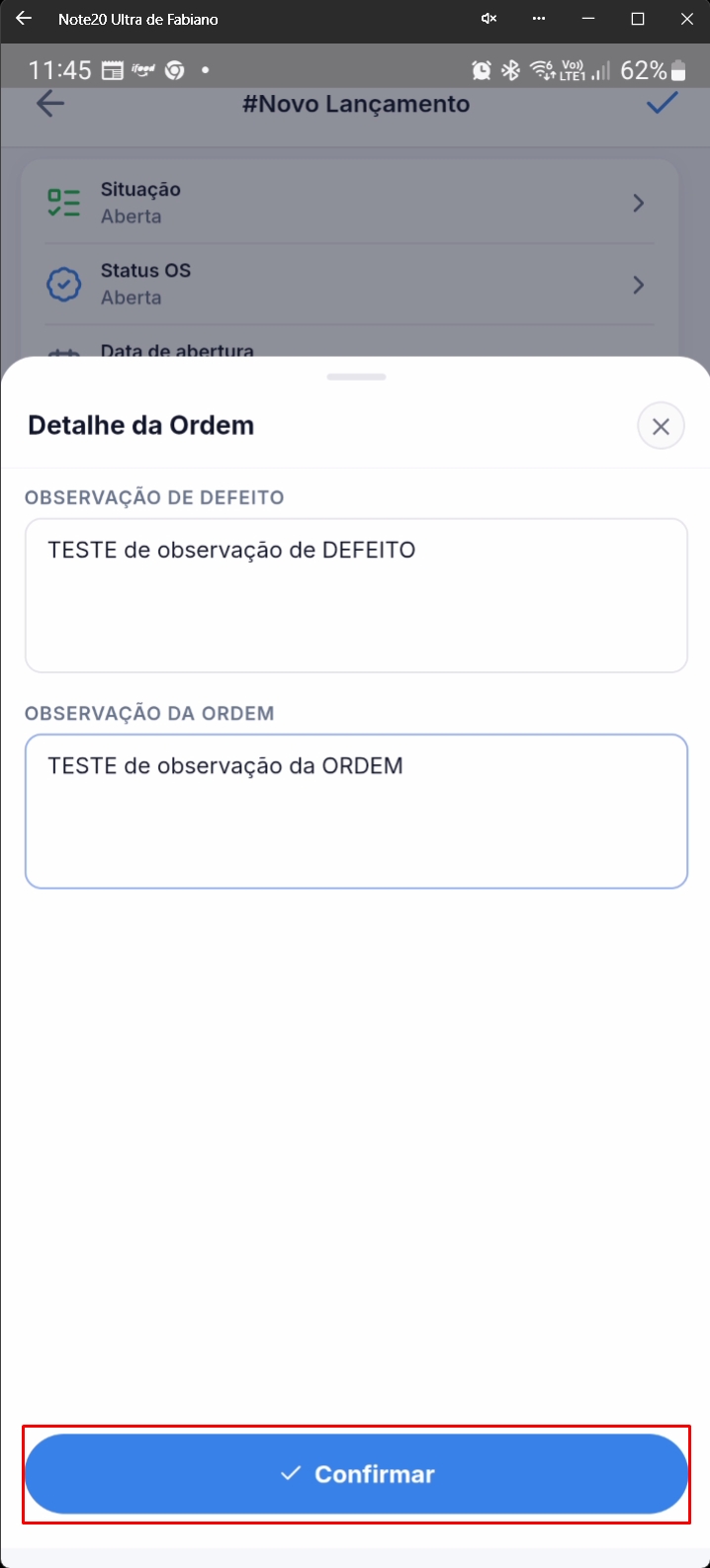 Tela confirmando preenchimento do detalhe da ordem