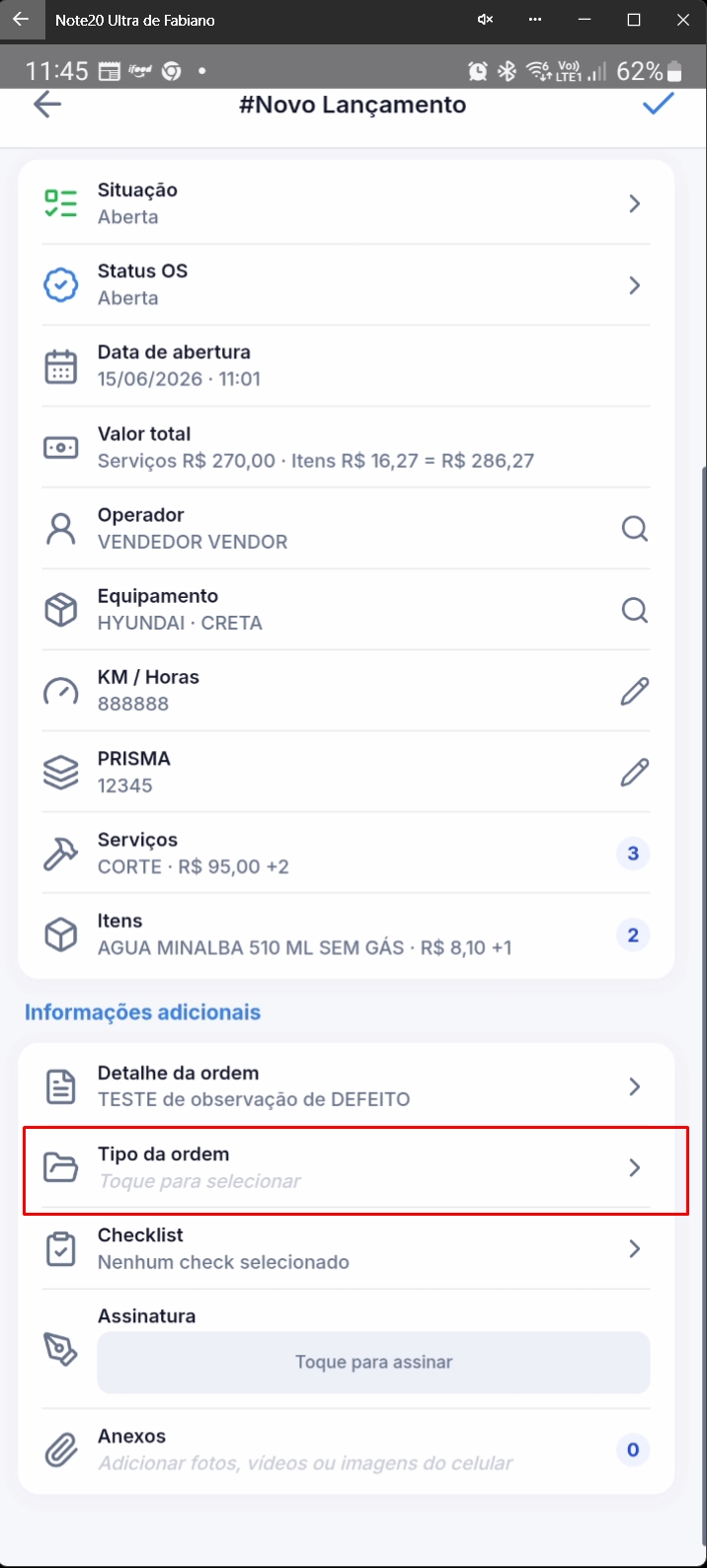 Formulário destacando campo de tipo da ordem