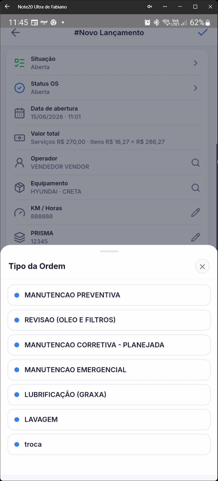 Tela listando tipos de ordem disponíveis