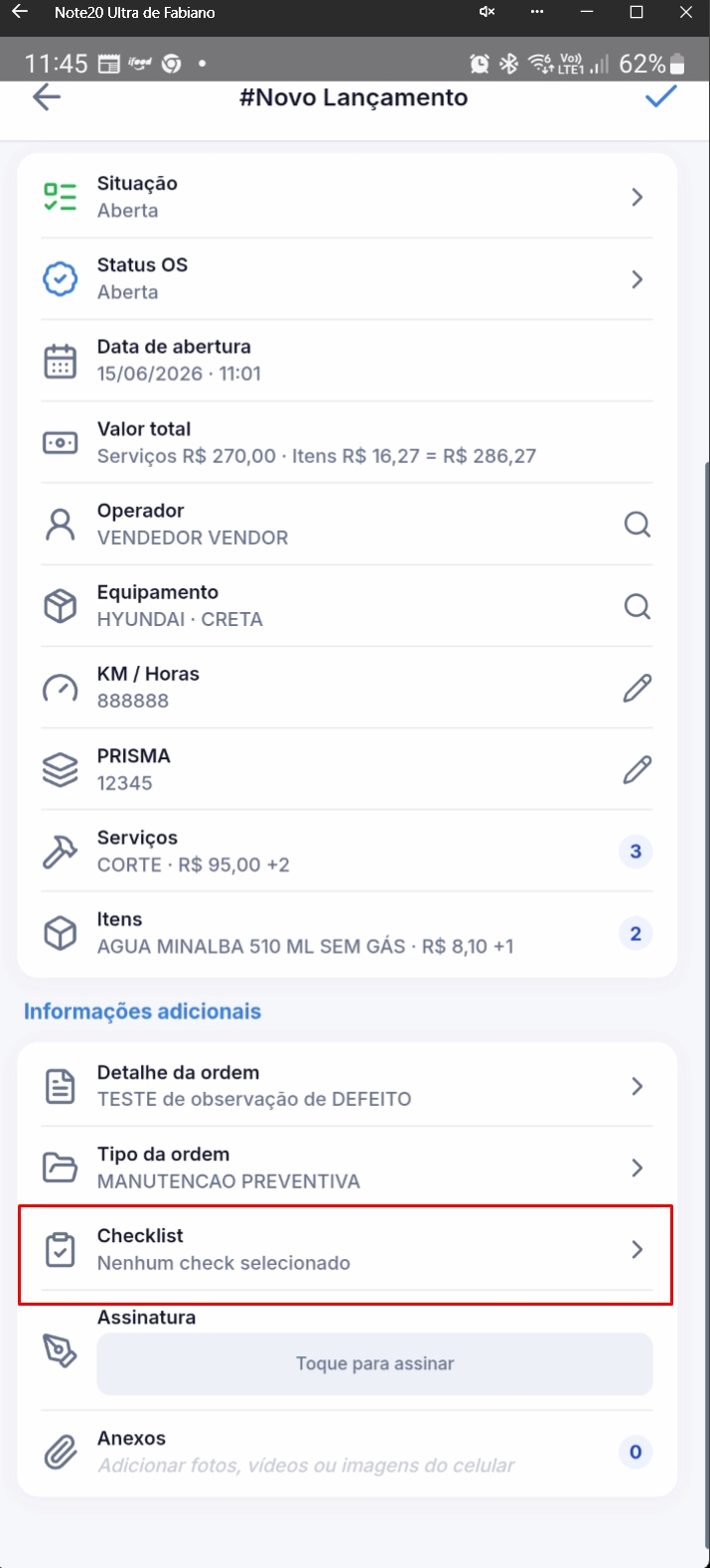 Formulário destacando campo de checklist