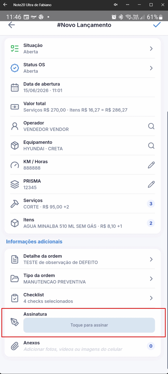 Formulário destacando campo de assinatura