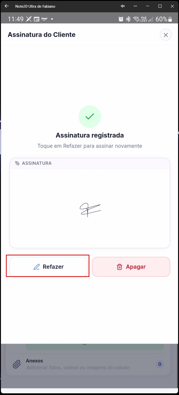 Tela mostrando assinatura registrada com opção refazer
