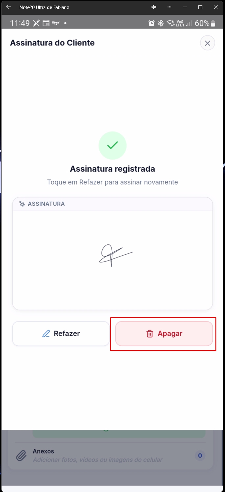 Tela mostrando assinatura com opção apagar
