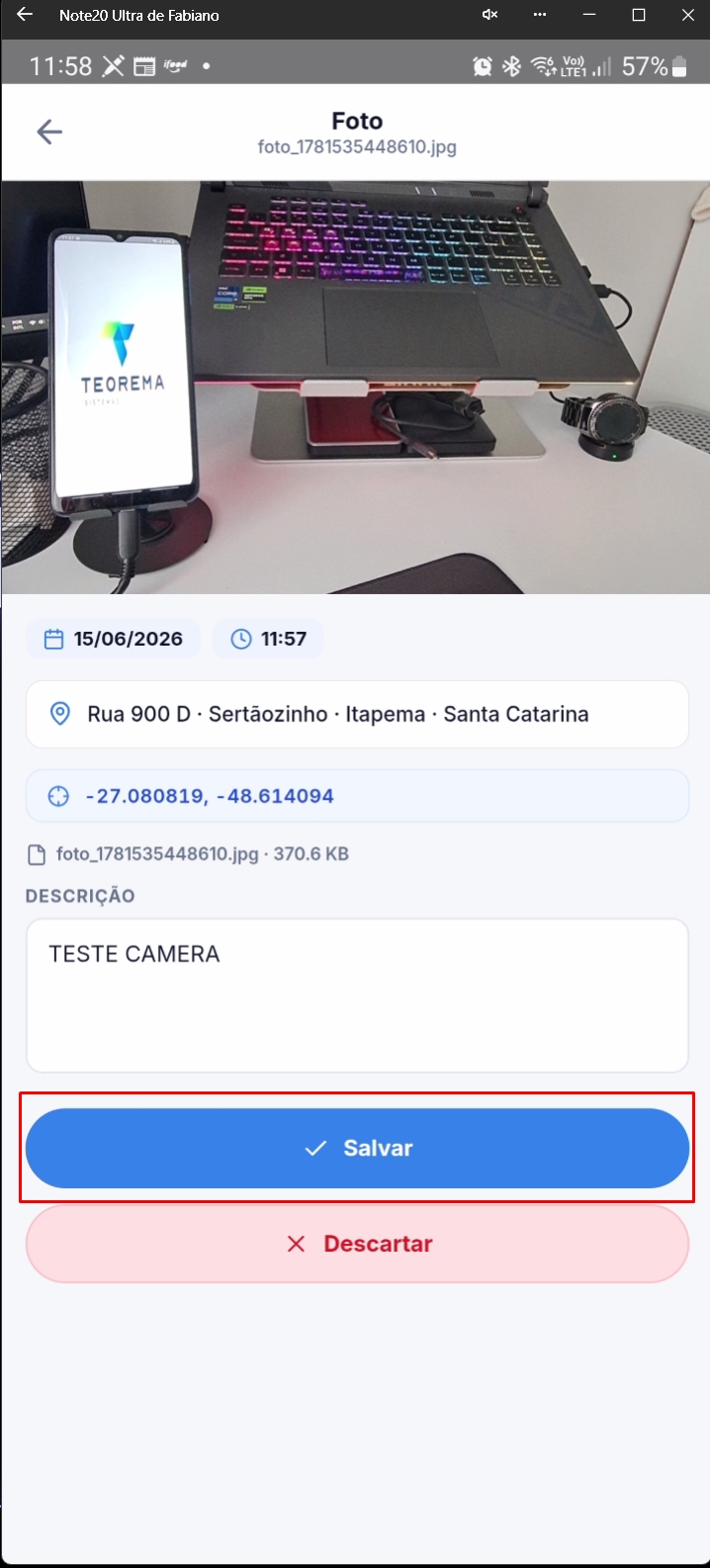 Tela de confirmação para salvar foto capturada