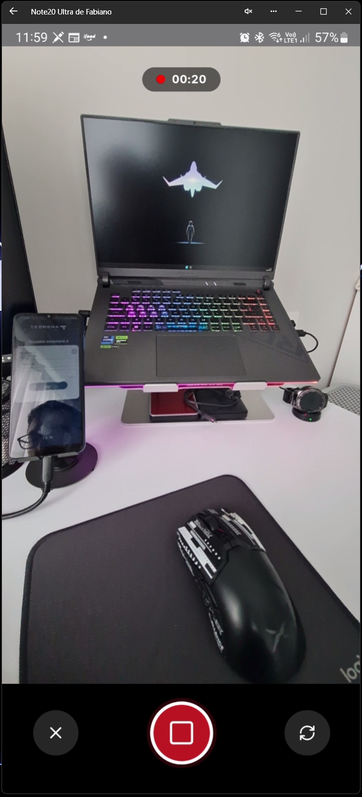 Tela da câmera em modo de gravação de vídeo