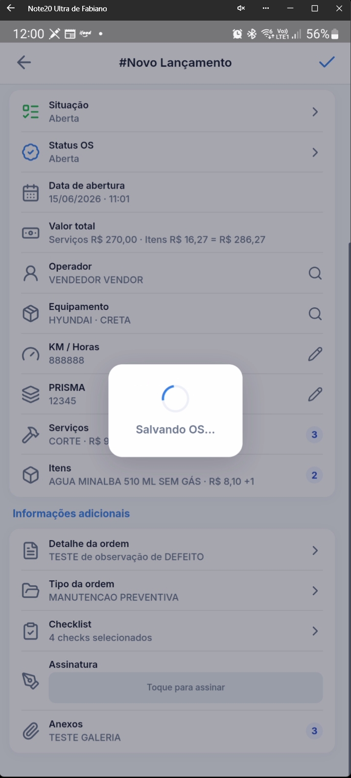 Tela mostrando progresso do salvamento