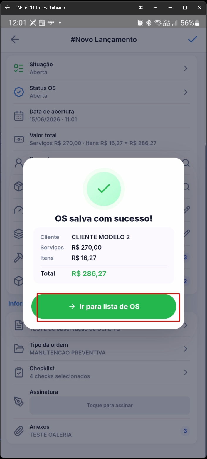 Tela de confirmação com resumo da O.S. salva
