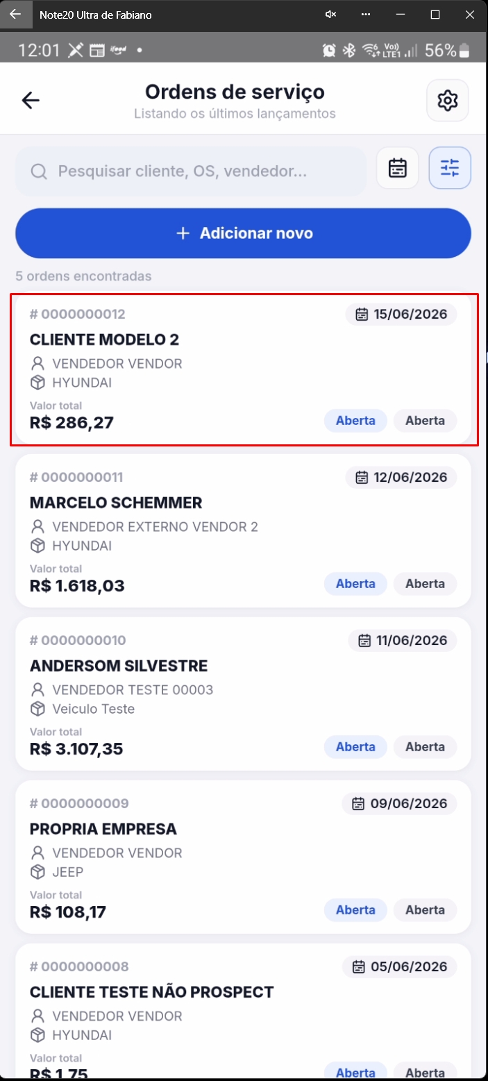 Tela listando O.S. incluindo o novo registro cadastrado