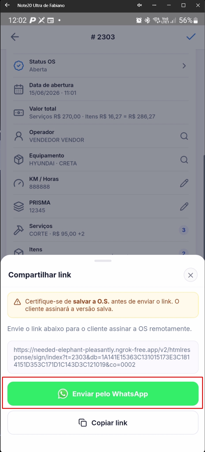 Tela mostrando link de assinatura e botão de envio via WhatsApp