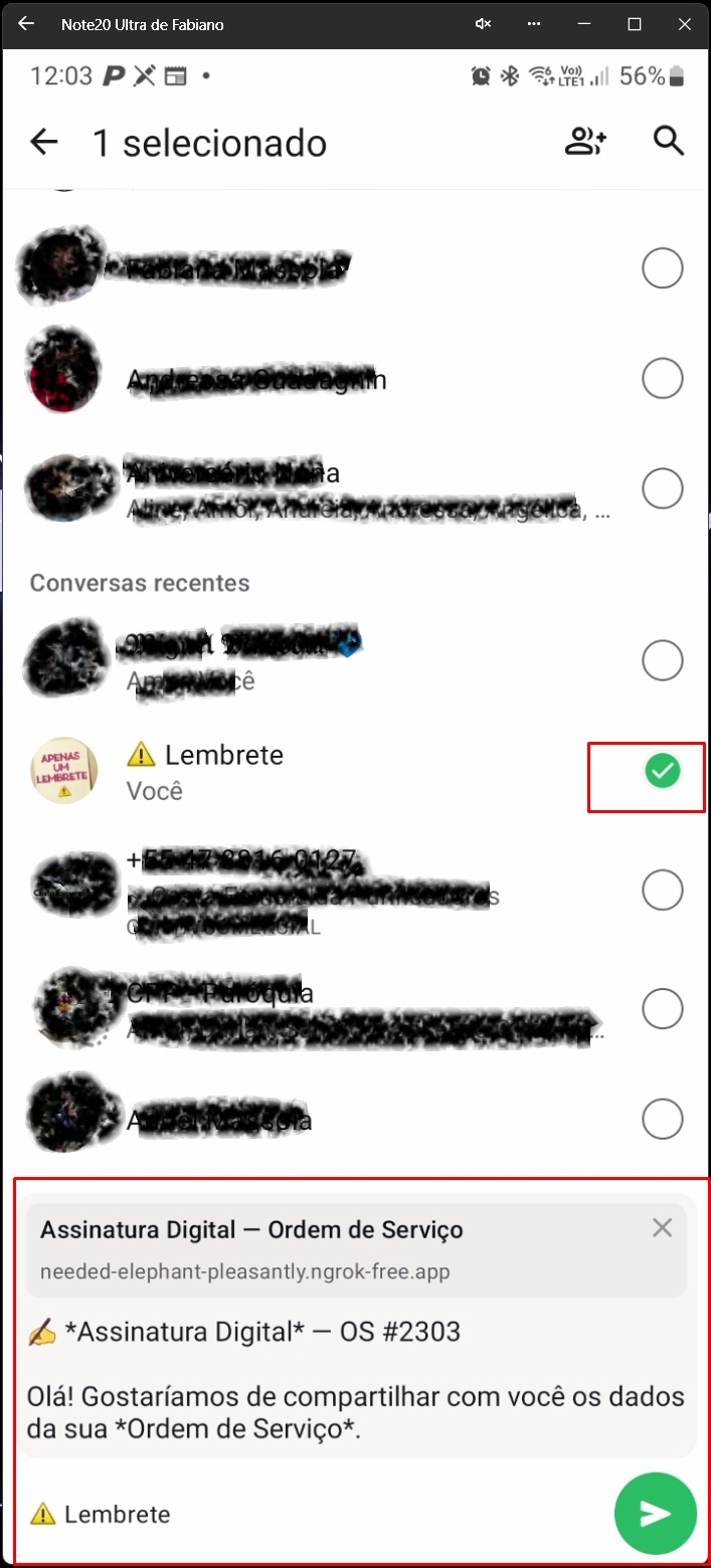 Tela do WhatsApp com contatos para envio da mensagem