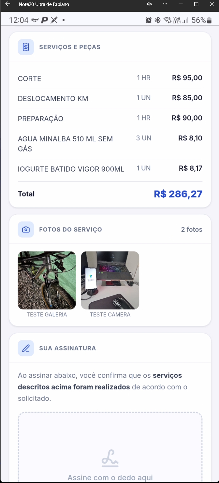 Página web mostrando resumo da O.S. e área para assinatura