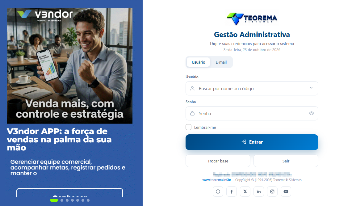 Tela de acesso da Gestão Administrativa, com campos de usuário e senha e botão Entrar