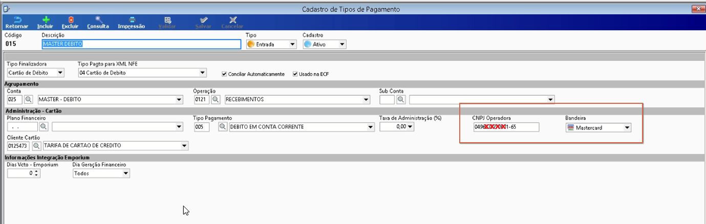 Consulta de Tipos de Pagamento mostrando VISA CRÉDITO e VISA DÉBITO cadastrados