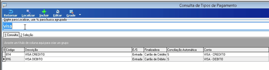 Formulário de cadastro de tipo de pagamento com Visa Crédito preenchido