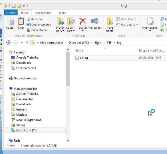 Pasta de logs no Windows Explorer, mostrando arquivo e1.log