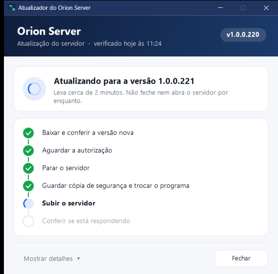 Janela do Atualizador do Orion Server com a situação Atualizando para a versão 1.0.0.221, com a indicação de cerca de 2 minutos; etapas Baixar e conferir a versão nova, Aguardar a autorização, Parar o servidor e Guardar cópia de segurança e trocar o programa concluídas; Subir o servidor em andamento; Conferir se está respondendo pendente.