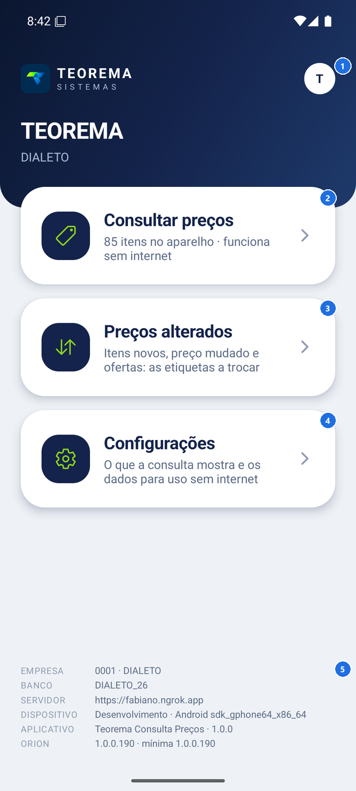 Tela inicial do app com ícone do usuário, menu de opções (Consultar preços, Preços alterados, Configurações, Informações), e dados de acesso exibidos na parte inferior