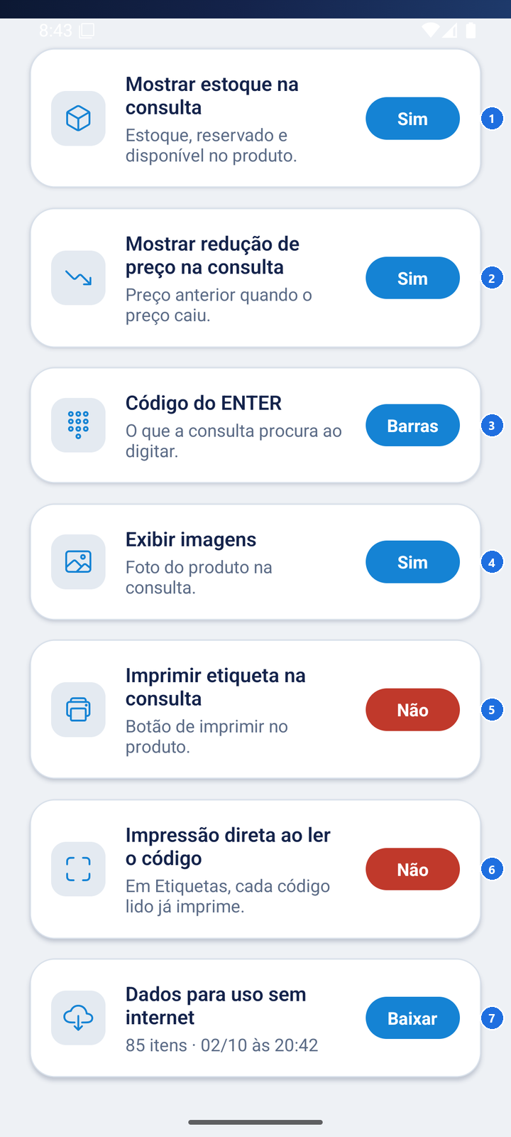 Tela de configurações com opções de: mostrar estoque, mostrar redução de preço, código do ENTER, exibir imagens, imprimir etiqueta, impressão direta, e dados para uso offline