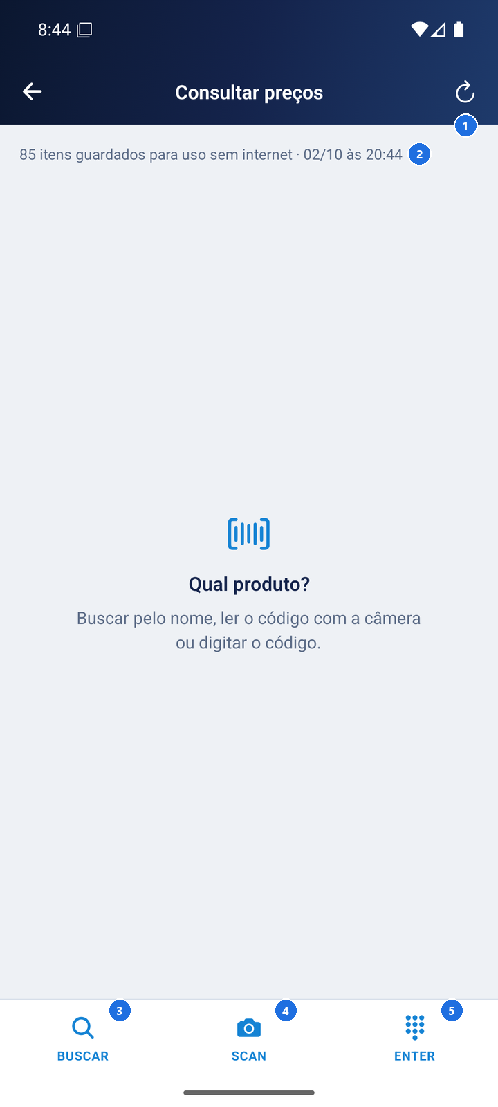 Tela de consulta de preços com botões BUSCAR, SCAN e ENTER, e informações de itens salvos offline
