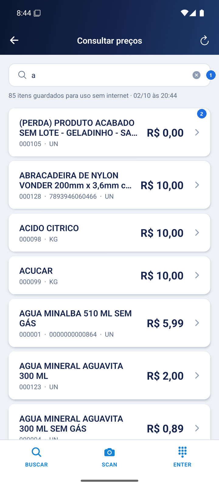 Tela de busca com campo de entrada e lista de produtos encontrados com preços