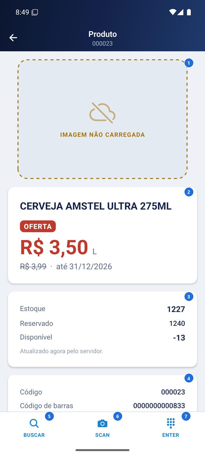 Tela de detalhe do produto: foto (ou placeholder), nome, preço com tag OFERTA, estoque/reservado/disponível, código e informações, com botões BUSCAR, SCAN e ENTER na parte inferior
