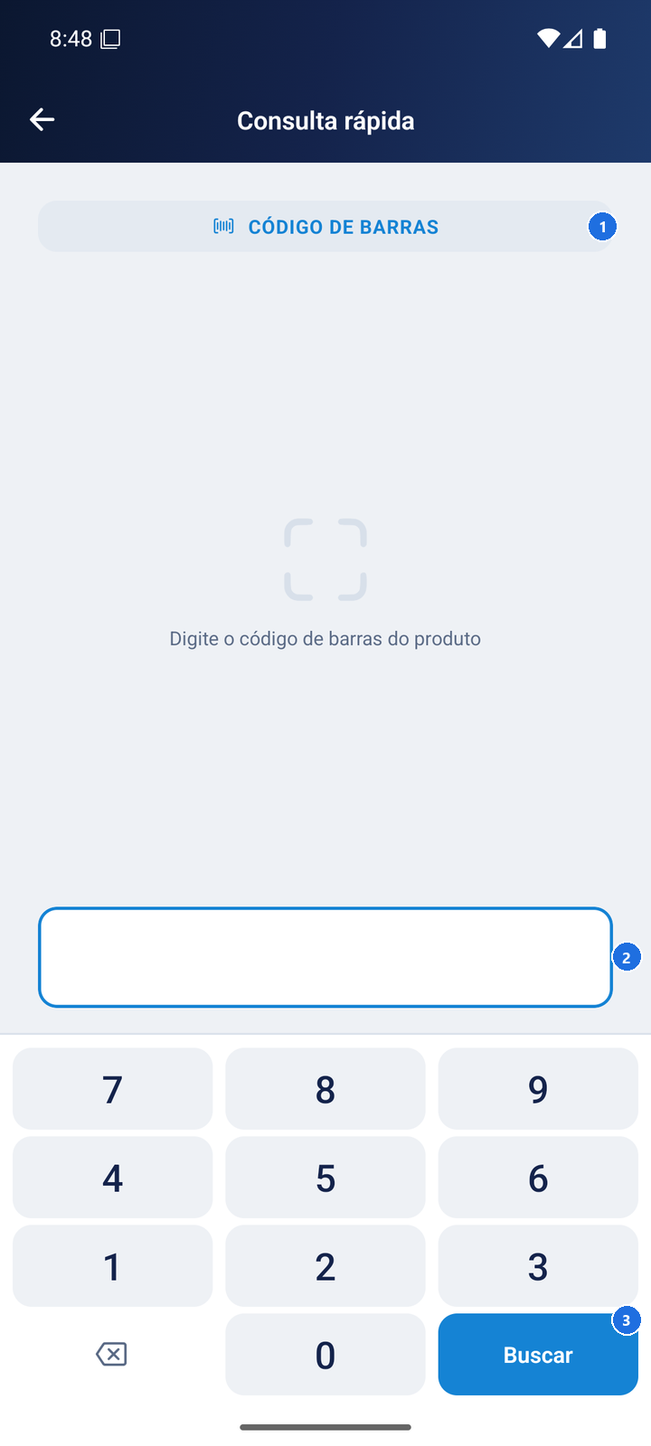 Tela de consulta rápida: campo de entrada tipo código de barras, teclado numérico e botão Buscar