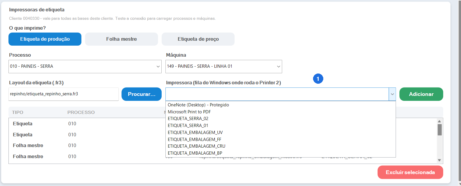 Lista suspensa Impressora aberta, com as filas do Windows: OneNote (Desktop) - Protegido, Microsoft Print to PDF, ETIQUETA_SERRA_02, ETIQUETA_SERRA_01, ETIQUETA_EMBALAGEM_UV, ETIQUETA_EMBALAGEM_FF, ETIQUETA_EMBALAGEM_CRU e ETIQUETA_EMBALAGEM_BP