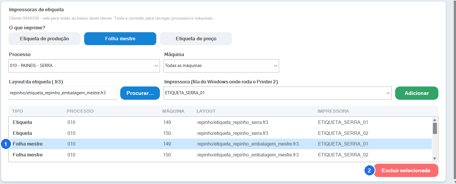 Lista de impressoras cadastradas com a linha Folha mestre da máquina 149 selecionada e o botão Excluir selecionada em vermelho