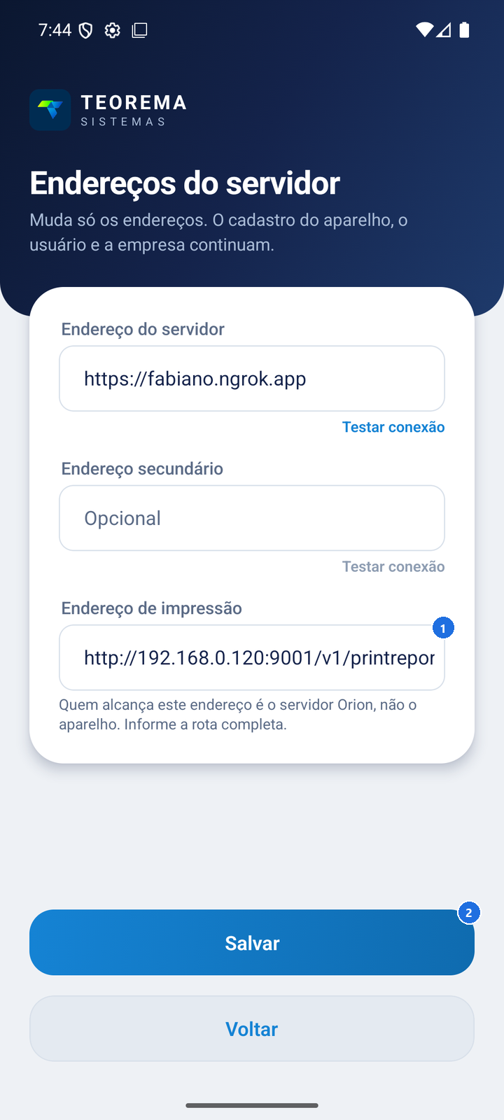 Tela Endereços do servidor no aplicativo, com os campos Endereço do servidor, Endereço secundário e Endereço de impressão preenchido com http://192.168.0.120:9001/v1/printreport, e os botões Salvar e Voltar