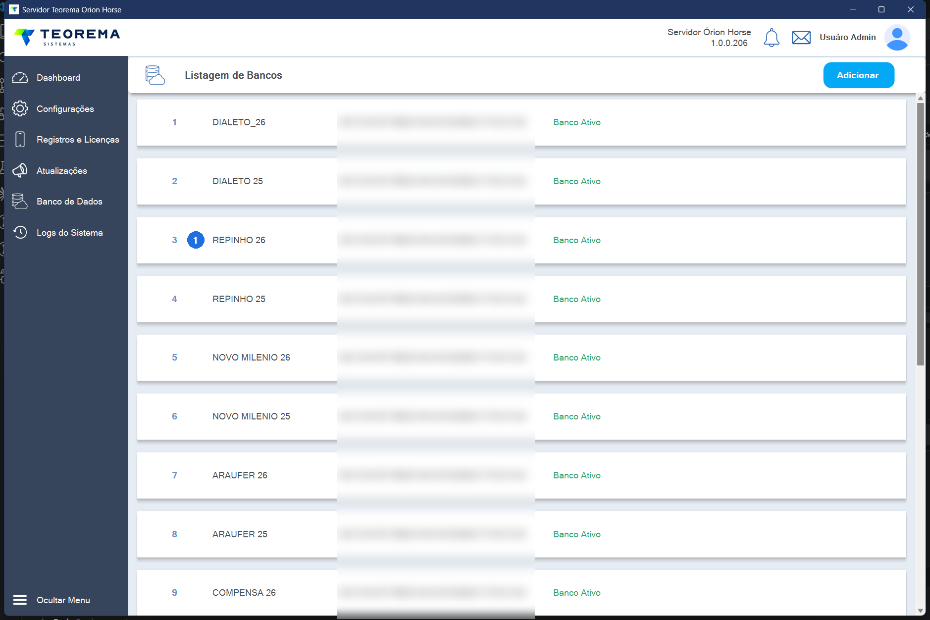 Listagem de Bancos do Orion Server Horse com os bancos cadastrados, como REPINHO 26, cada um com o status Banco Ativo, e o botão Adicionar