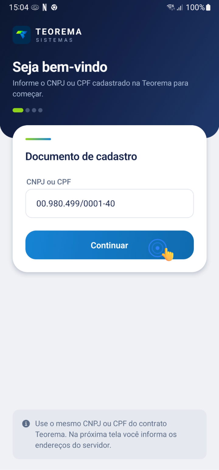 Tela de login com campo para CNPJ ou CPF e botão Continuar
