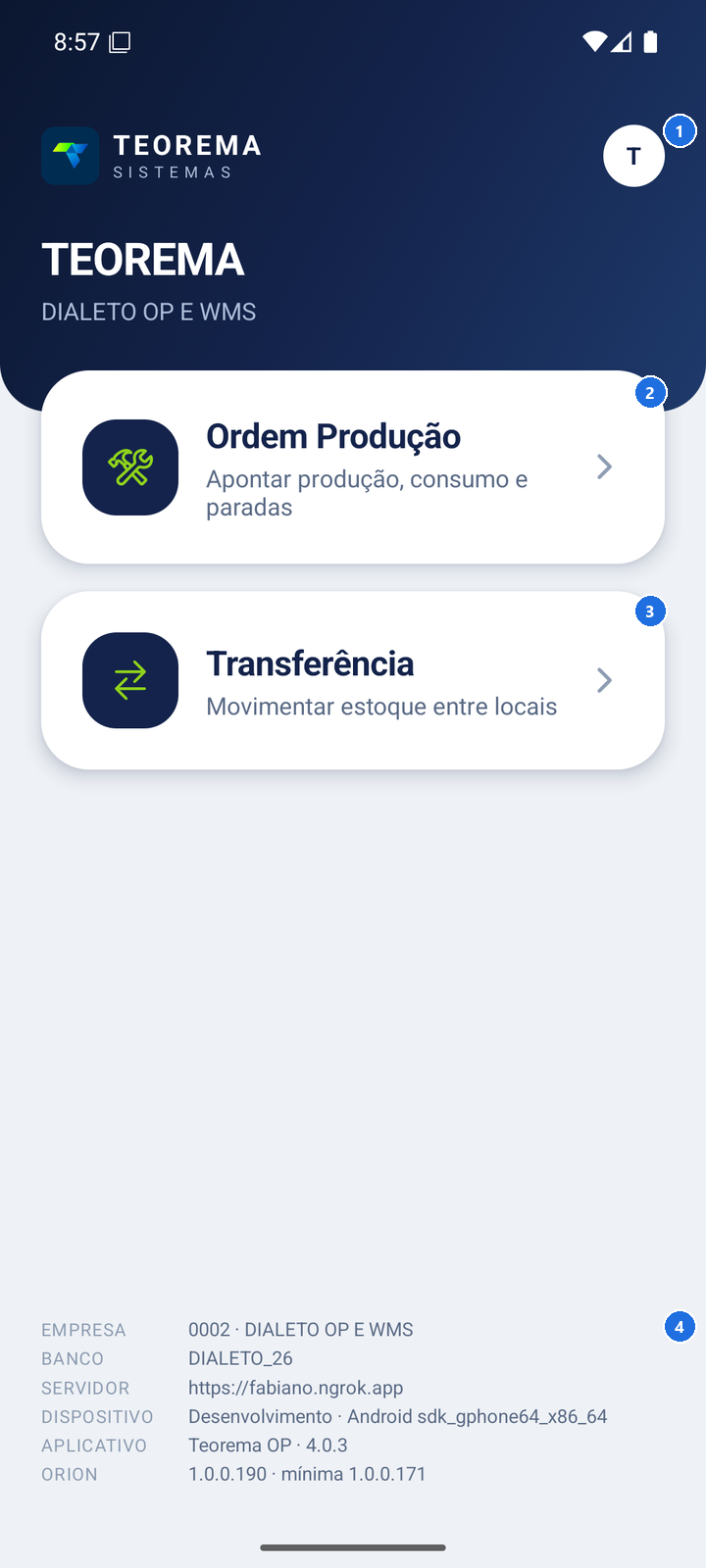 Tela inicial do Teorema OP mostrando opções Ordem Produção, Transferência e Informações
