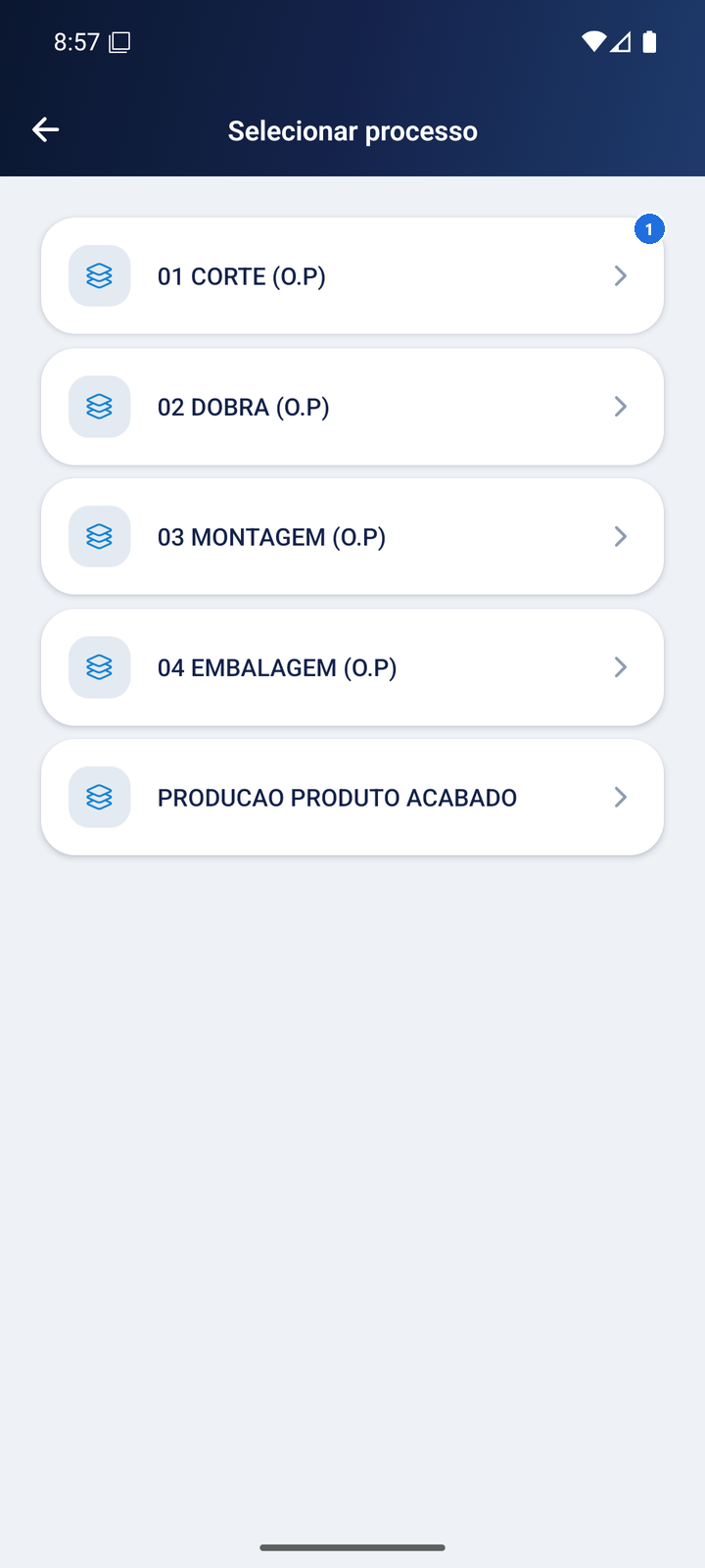 Tela com lista de processos disponíveis