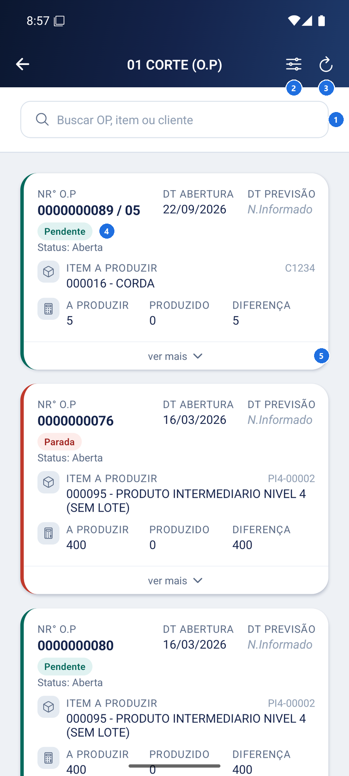 Tela com lista de ordens de produção do processo selecionado