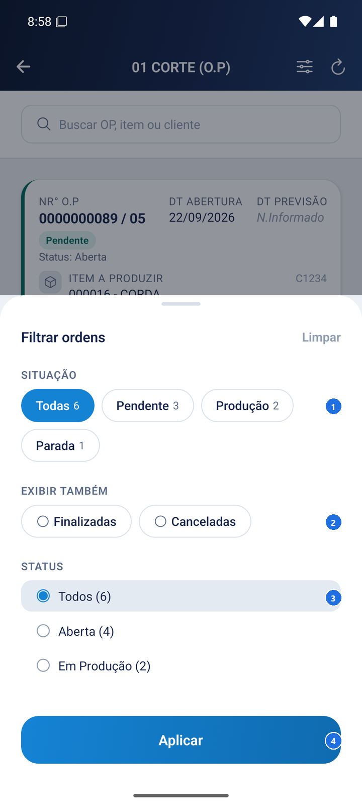 Tela de filtros mostrando Situação, opção de Finalizadas/Canceladas e Status