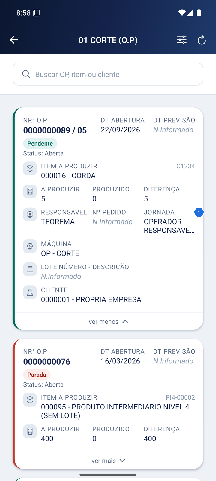 Tela com informações expandidas da ordem: responsável, pedido, jornada, máquina, lote e cliente